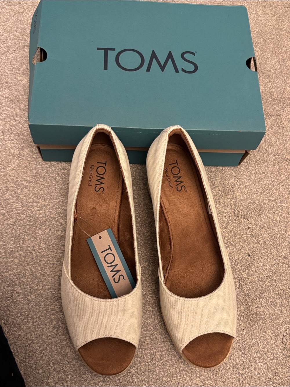 TOMS Cream Canvas Peep-Toe Wedge Espadrilles